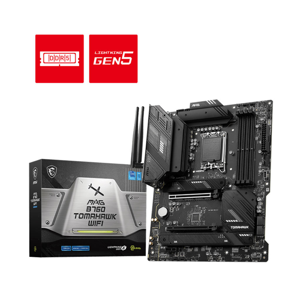 A Photo Of MSI MAG B760 Tomahawk WiFi Motherboard - 911-7D96-003 | High-Performance with DDR5 and PCIe 5.0