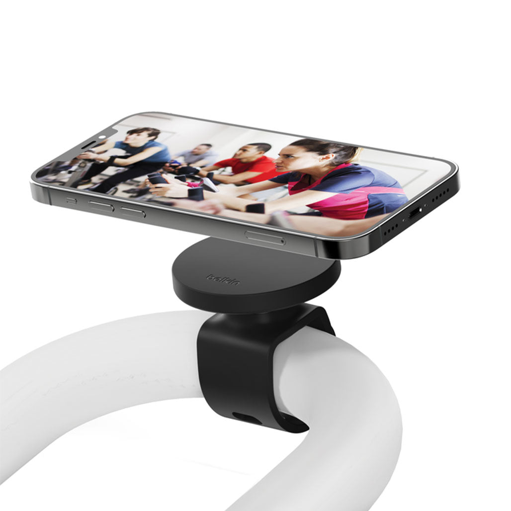 A Photo Of Belkin MMA005BTBK Magnetic Fitness Phone Mount - For iPhone 13 and iPhone 12 Series, 360-Degree Rotational, Includes Handlebar Strap