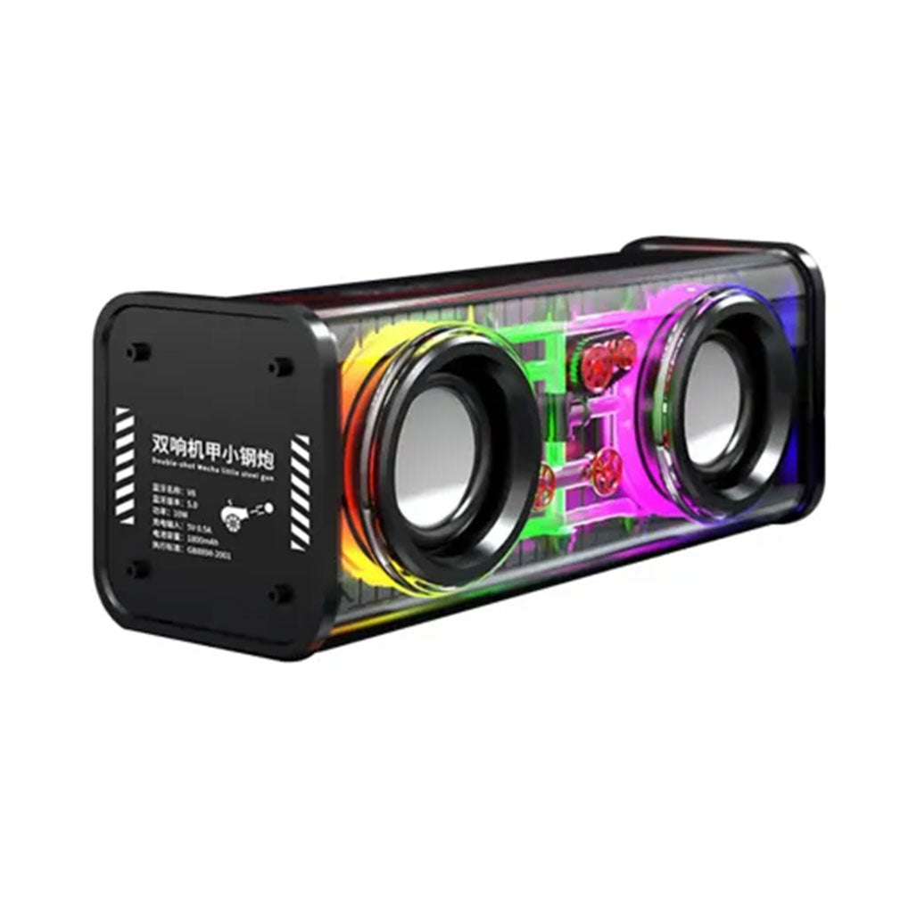 A Photo Of Mecha V8 Double-Shot Little Steel Gun 10W Transparent Speaker with BT5.3