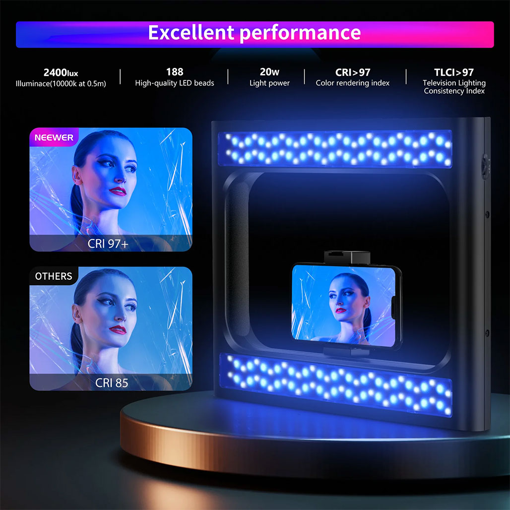 A Photo Of Neewer RGB-A111 RGB Rig Light Stabilizer with Adjustable Hue, Brightness, and Scene Modes