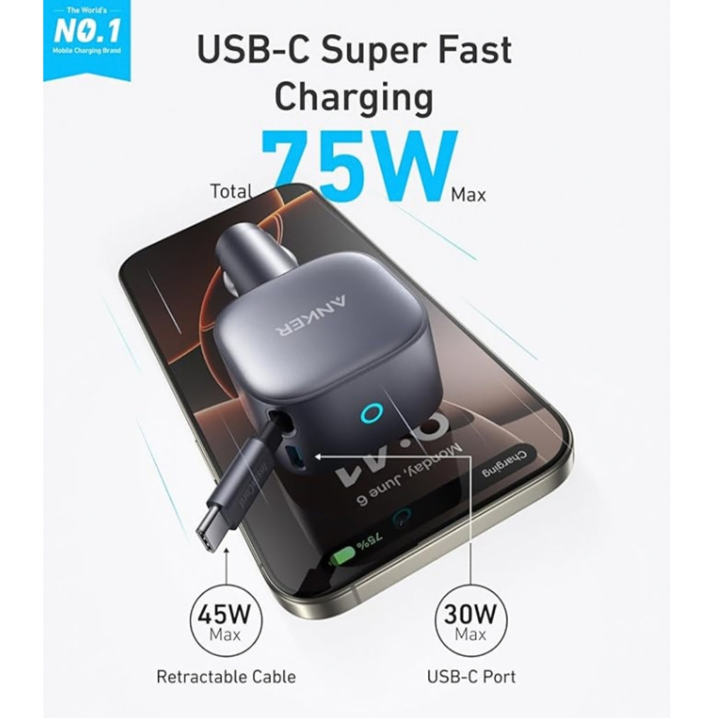 A Photo Of Anker Nano 75W USB-C Car Charger with Built-In Retractable Cable – High-Speed Charging for On-the-Go Power