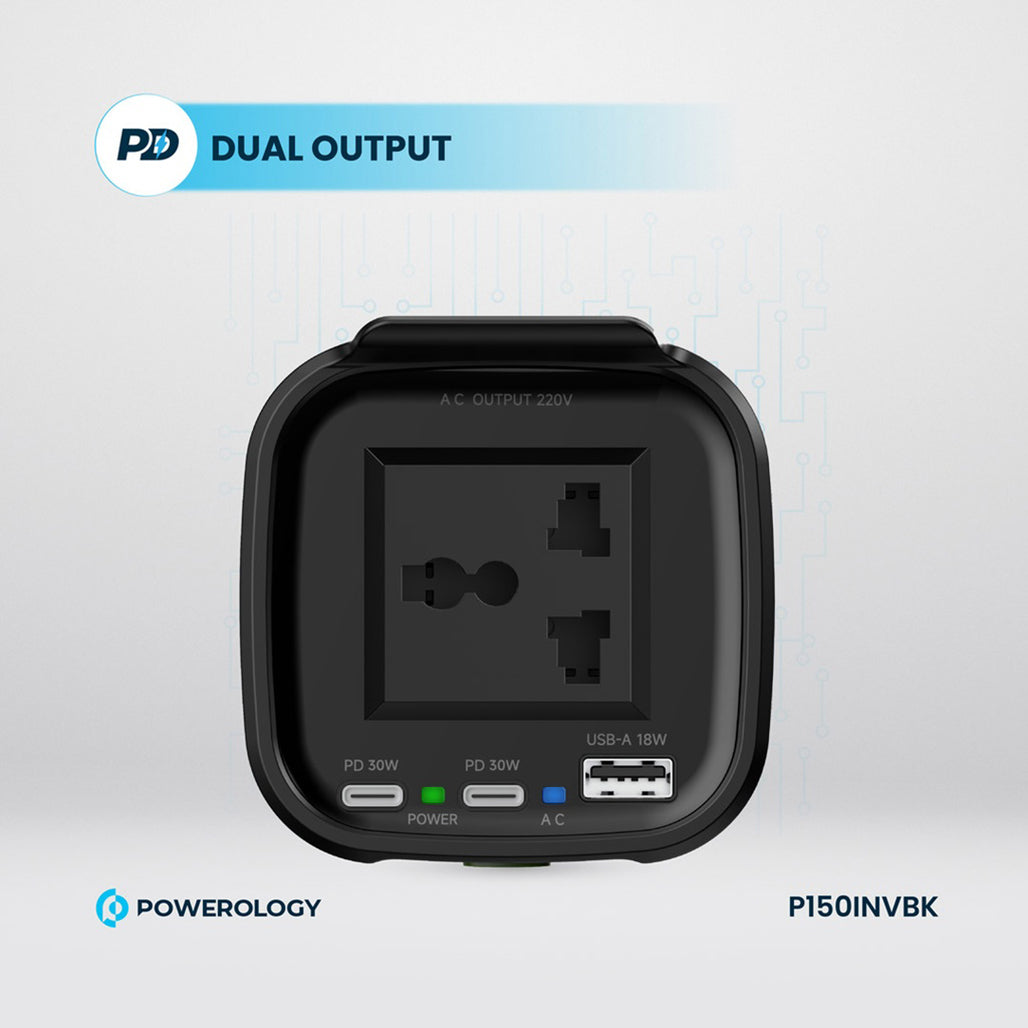 A Photo Of Powerology 150W Inverter AC Universal USB A 2type-C DC Car 12V10A - Black