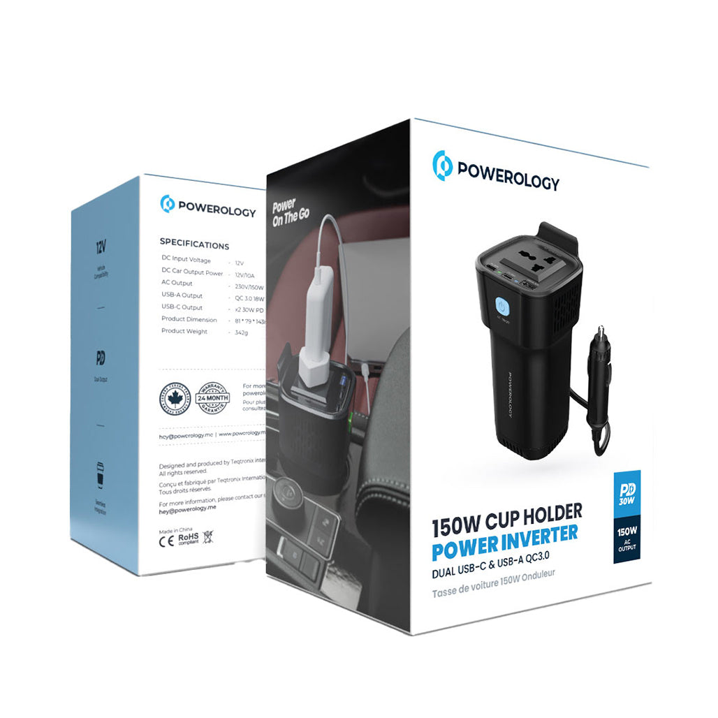 A Photo Of Powerology 150W Inverter AC Universal USB A 2type-C DC Car 12V10A - Black