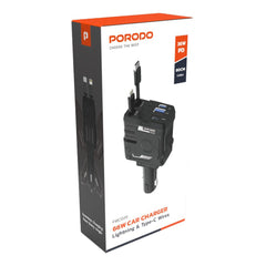 A Photo Of Porodo 66W Car Charger with Lightning & Type-C Cables – Black