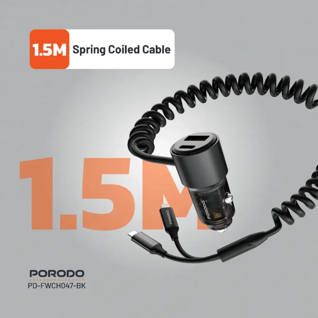A Photo Of Porodo 95W High-Speed Multi-Device Car Charger - Black with USB-C, USB-A, Built-in Cables, and Lightning Compatibility