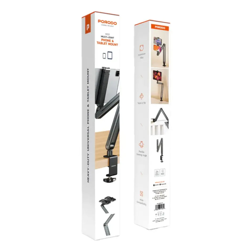 A Photo Of Porodo Adjustable Multi-Joint Phone and Tablet Mount – Universal Stand for Desk or Countertop