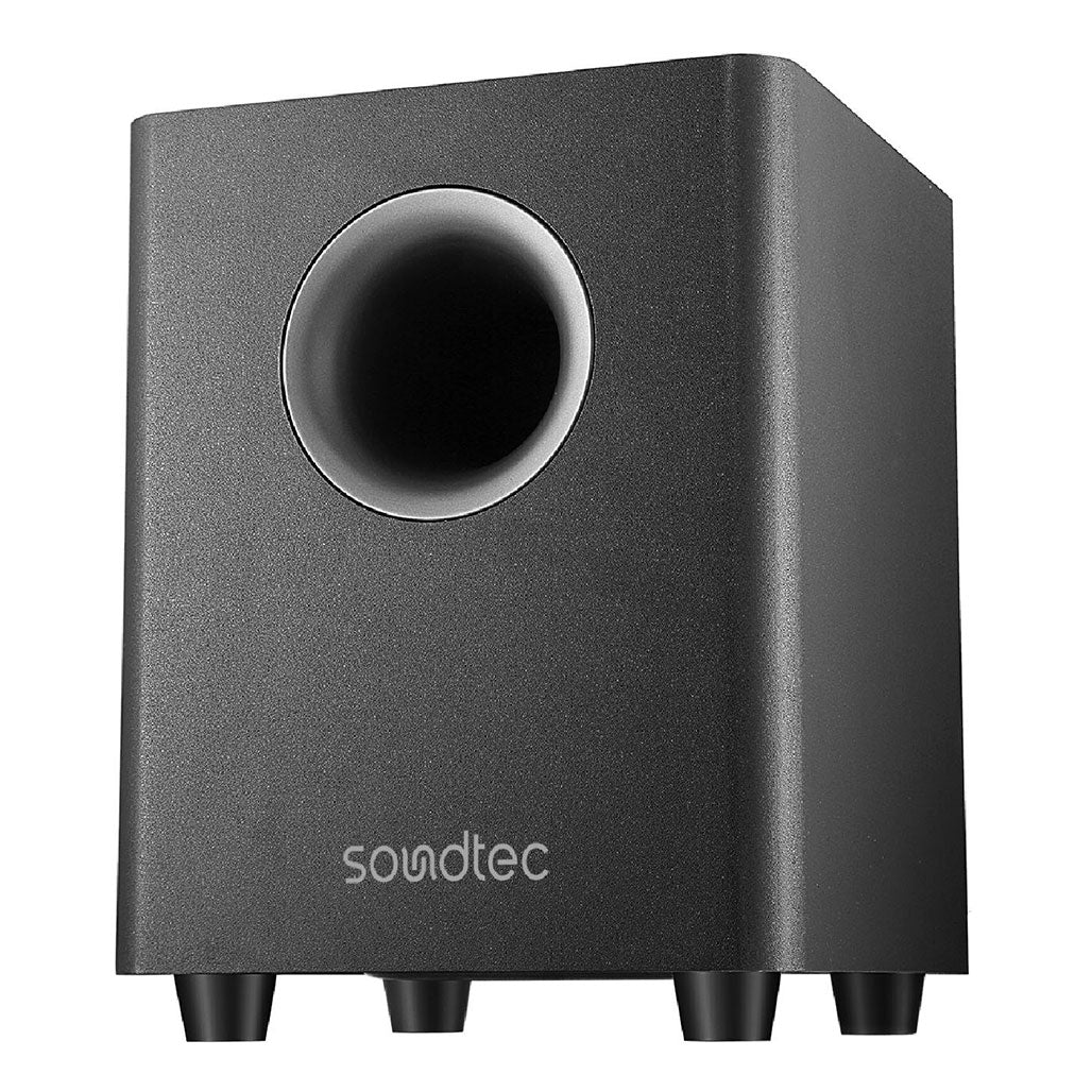 A Photo Of Soundtec By Porodo 2.1 CH Soundbar with Wireless Subwoofer – 150W RMS, Bluetooth 5.0, HDMI 2.1, Surround Sound