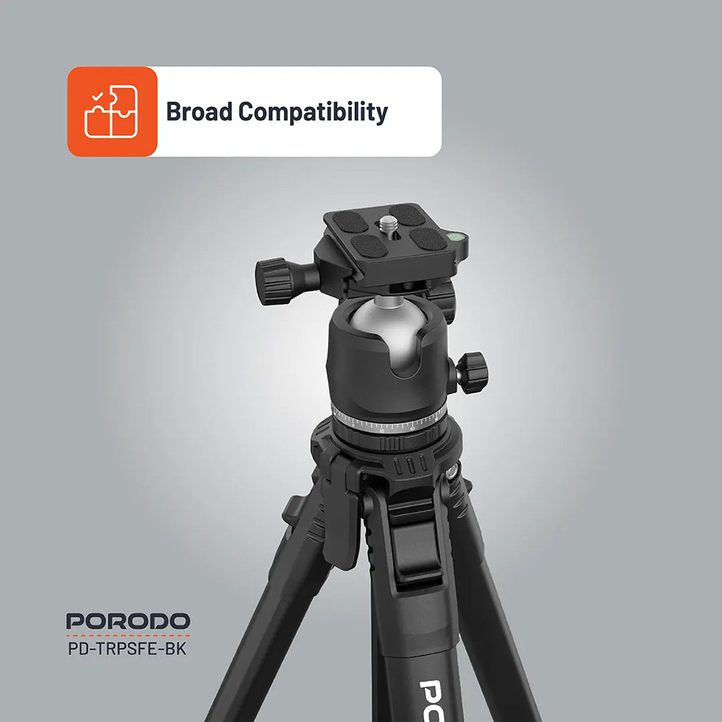 A Photo Of Porodo Ultra-Light Aluminum Tripod - Black | Portable, Durable, 360° Rotation, 10kg Load Capacity