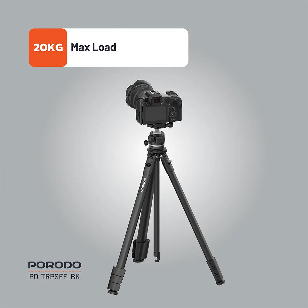 A Photo Of Porodo Ultra-Light Aluminum Tripod - Black | Portable, Durable, 360° Rotation, 10kg Load Capacity