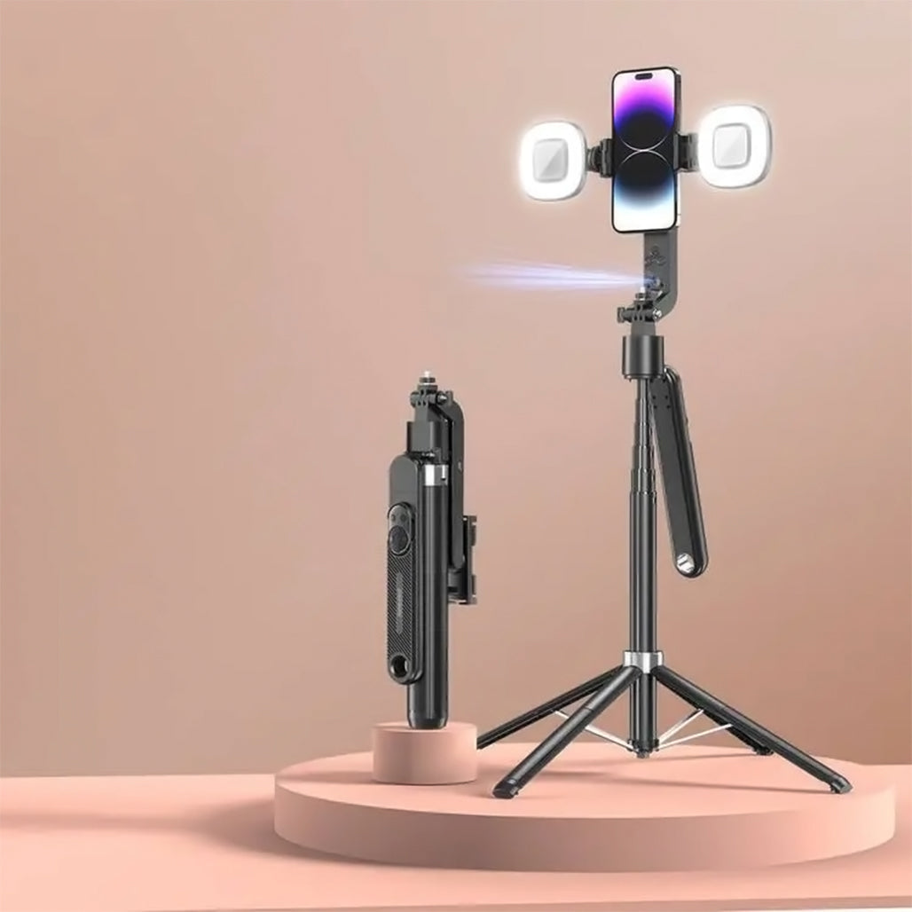 A Photo Of Porodo Selfie Stick Pro X - 360° AI Smart Tracking with Detachable Lights and Tripod