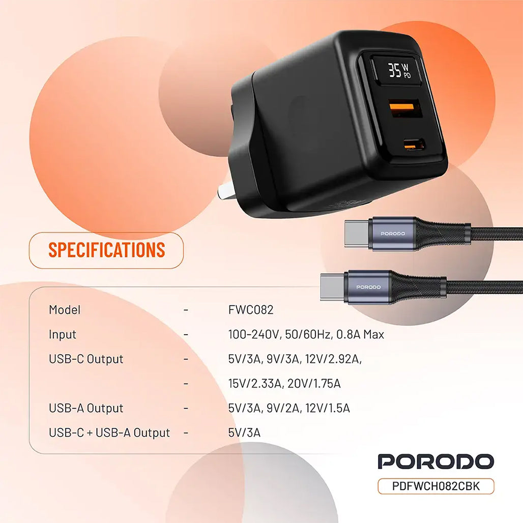 A Photo Of Porodo GaN 35W Dual Port Wall Charger with Power Display