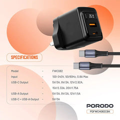 A Photo Of Porodo GaN 35W Dual Port Wall Charger with Power Display