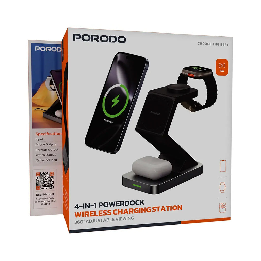 A Photo Of Porodo 4-in-1 Wireless Charging Station with 360° Adjustable Viewing Port - Black