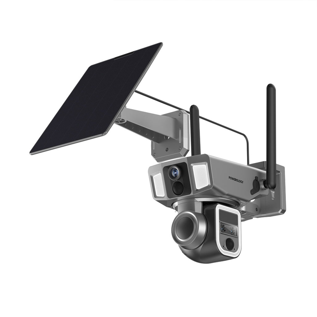 A Photo Of Powerology 4G/WiFi 360° Dual Lens Outdoor Camera - 10X Zoom, Night Vision, Solar Power, IP66 Waterproof - Black