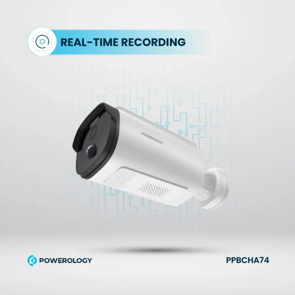 A Photo Of Powerology Built-in Solar Outdoor Camera - White | 2K HD, IR Night Vision, and Solar-Powered Security