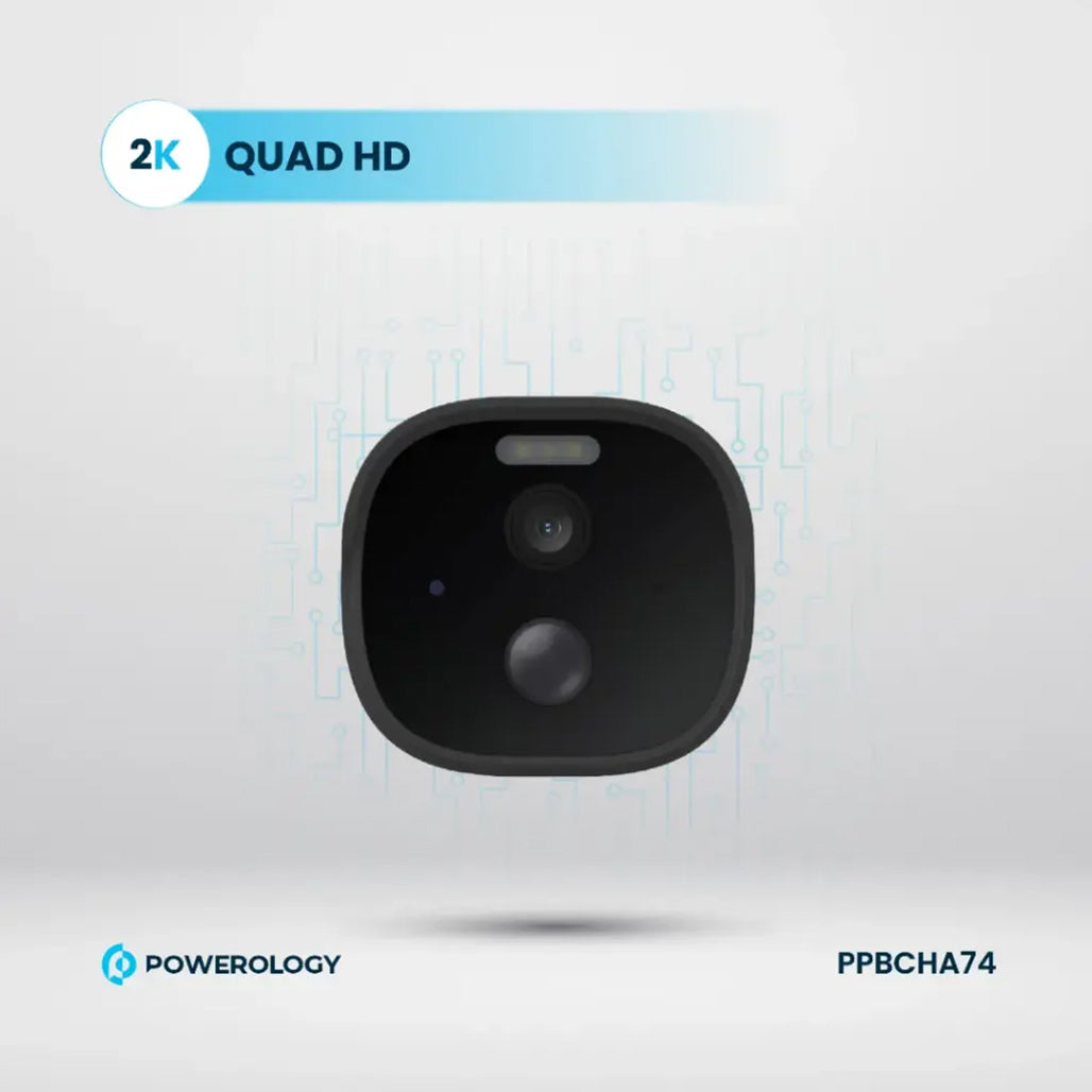 A Photo Of Powerology Built-in Solar Outdoor Camera - White | 2K HD, IR Night Vision, and Solar-Powered Security