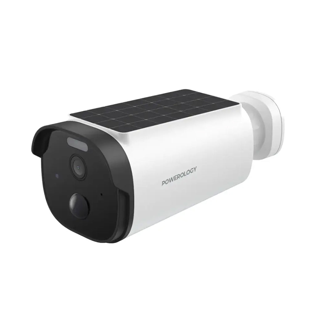 A Photo Of Powerology Built-in Solar Outdoor Camera - White | 2K HD, IR Night Vision, and Solar-Powered Security