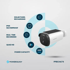 A Photo Of Powerology Built-in Solar Outdoor Camera - White | 2K HD, IR Night Vision, and Solar-Powered Security