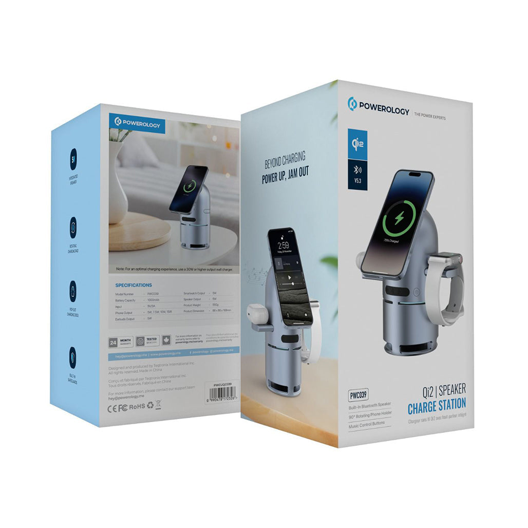 A Photo Of Powerology Qi2 Wireless Charging Station with Bluetooth Speaker – 3-in-1 Charger for Phone, Smartwatch & Earbuds
