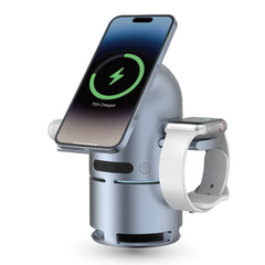 A Photo Of Powerology Qi2 Wireless Charging Station with Bluetooth Speaker – 3-in-1 Charger for Phone, Smartwatch & Earbuds