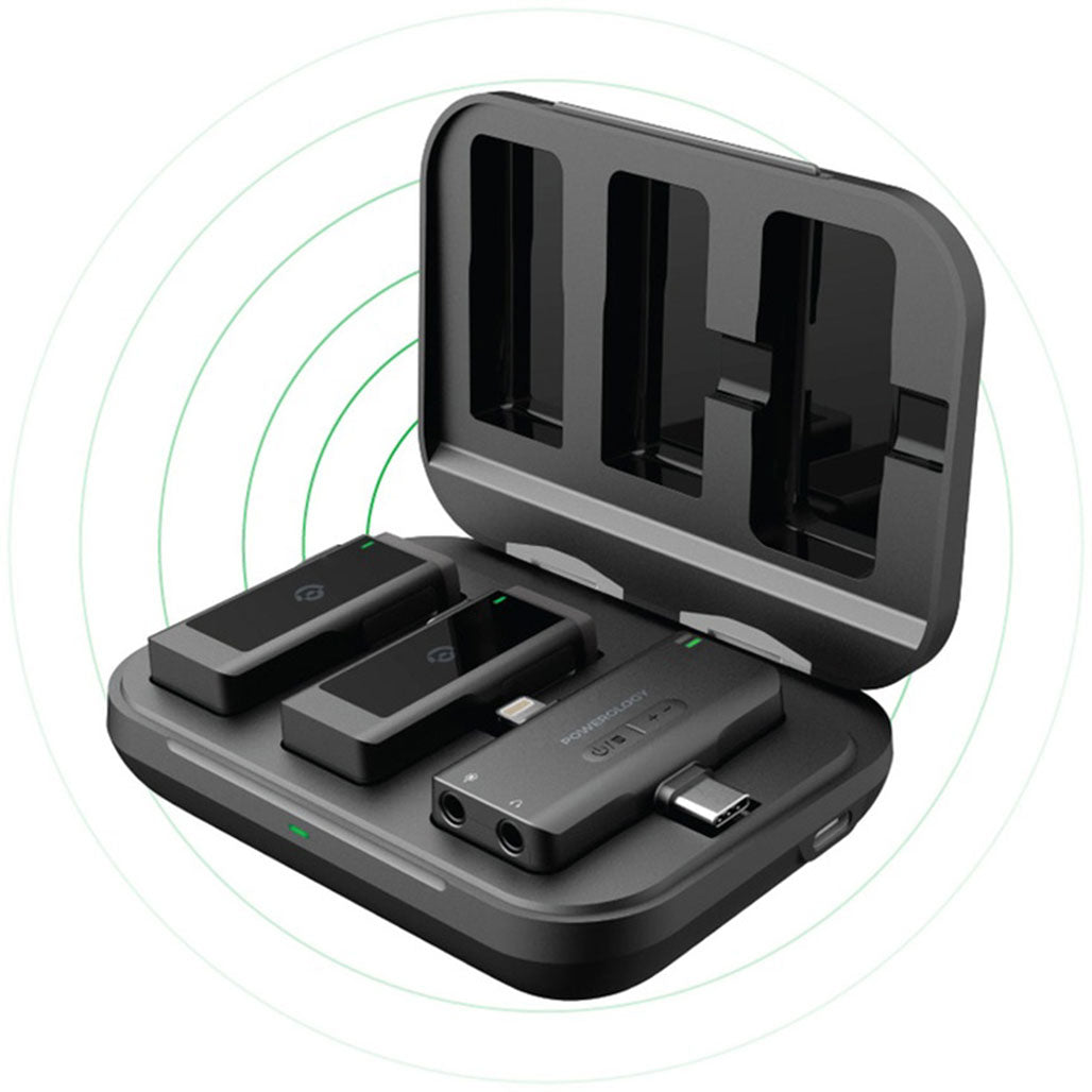A Photo Of Powerology PWMIC2BK MFI Dual Connector Wireless Lavalier Microphone Set - Compatible with iPhone & iPad