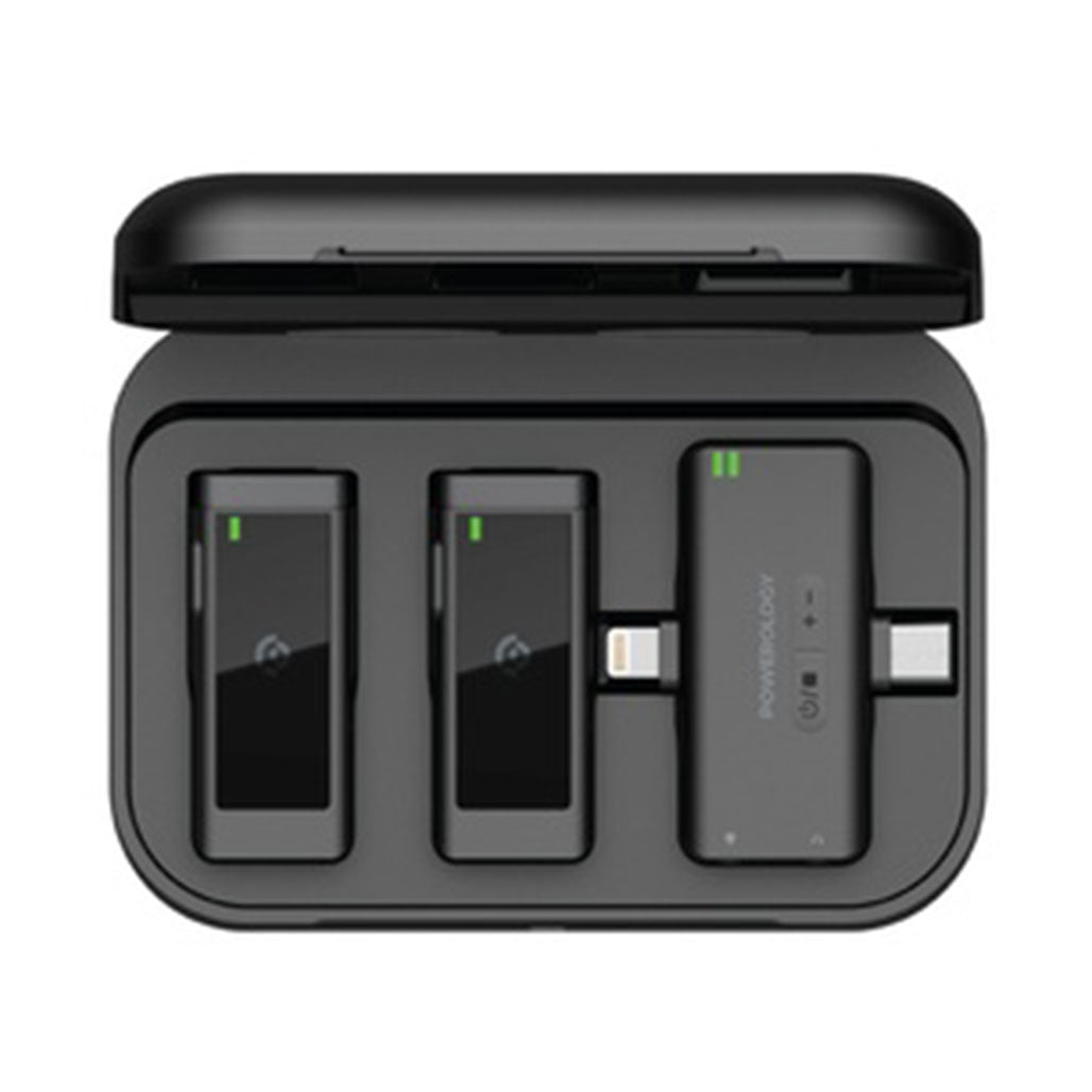 A Photo Of Powerology PWMIC2BK MFI Dual Connector Wireless Lavalier Microphone Set - Compatible with iPhone & iPad