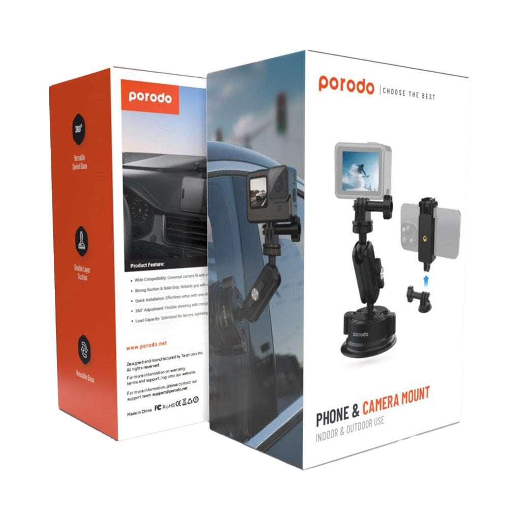 A Photo Of Porodo 2in1 Mobile and Camera Mount with Suction Base - Black
