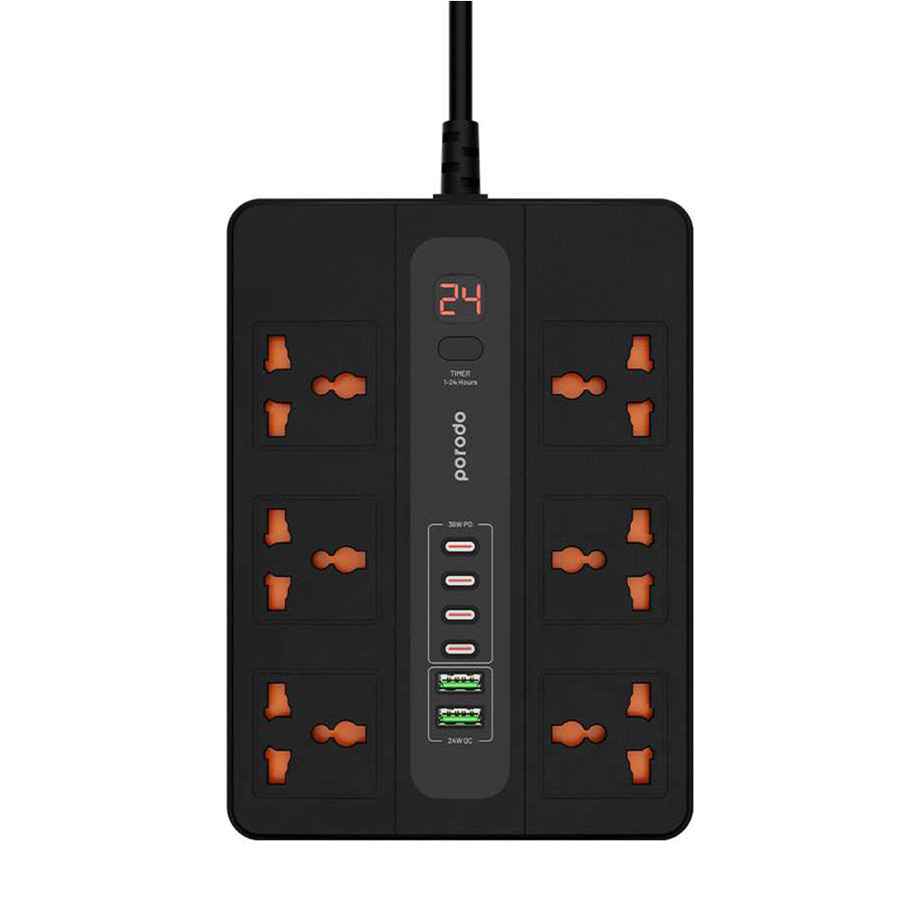 A Photo Of Porodo 6 AC 2 USB-A 24W & 4 USB-C PD 36W Multi-Port Super Hub 3M 3000W UK - Black