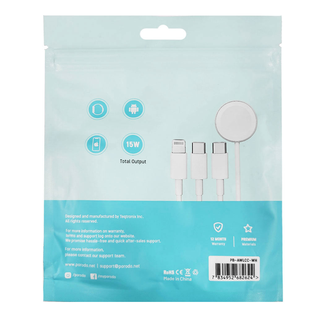 A Photo Of Porodo PB-AWLCC-WH All-in-one Cable USB-C to Lightning Type-C Watch Charger