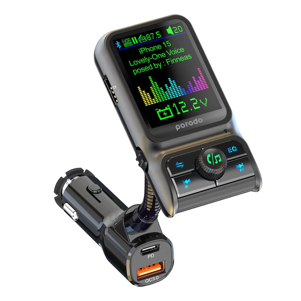 A Photo Of Porodo Dual Port Car Charger FM Transmitter PD 36W QC 18W - Black