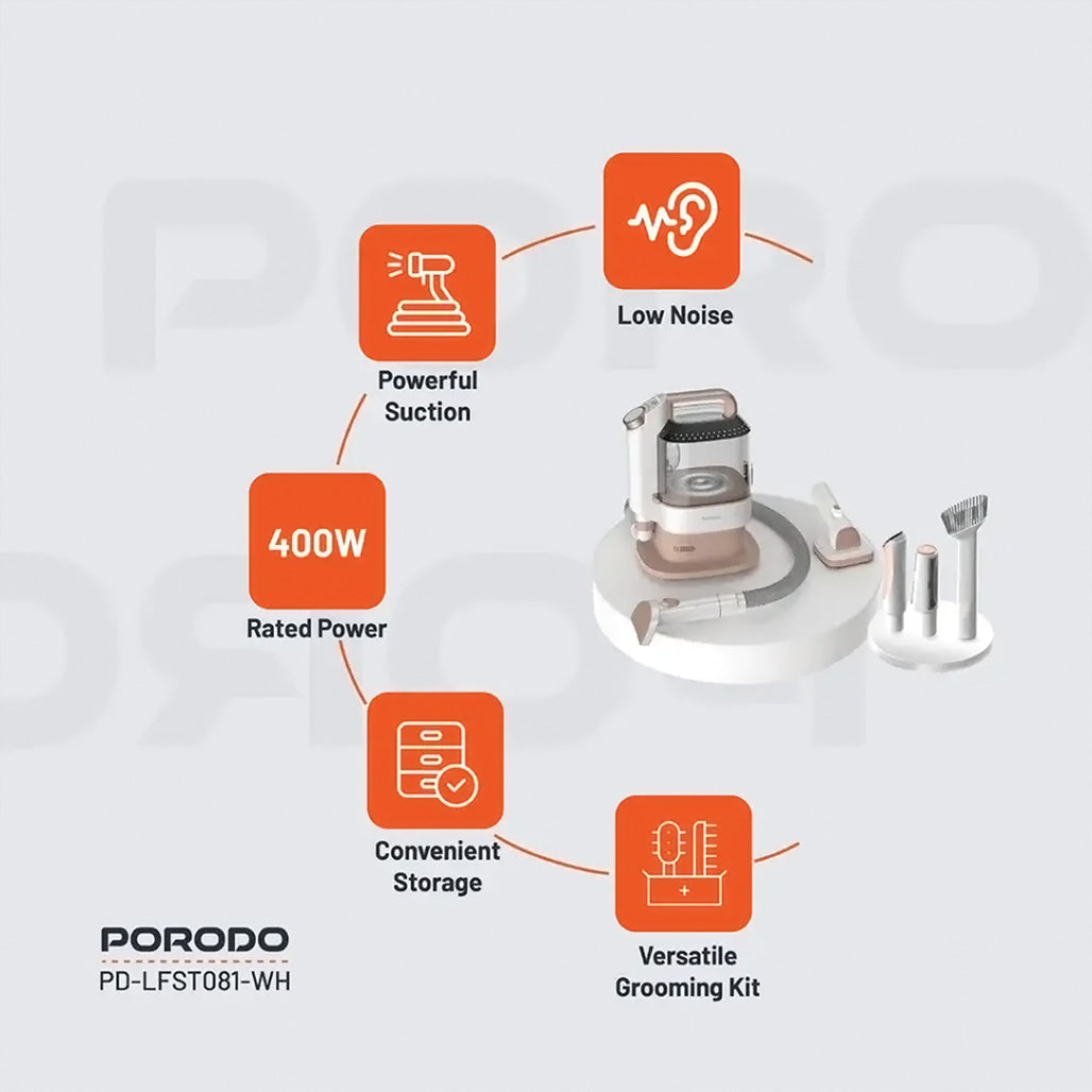 A Photo Of Porodo Lifestyle Pet Grooming Kit with Vacuum – Powerful 13500Pa Suction, Low Noise, White