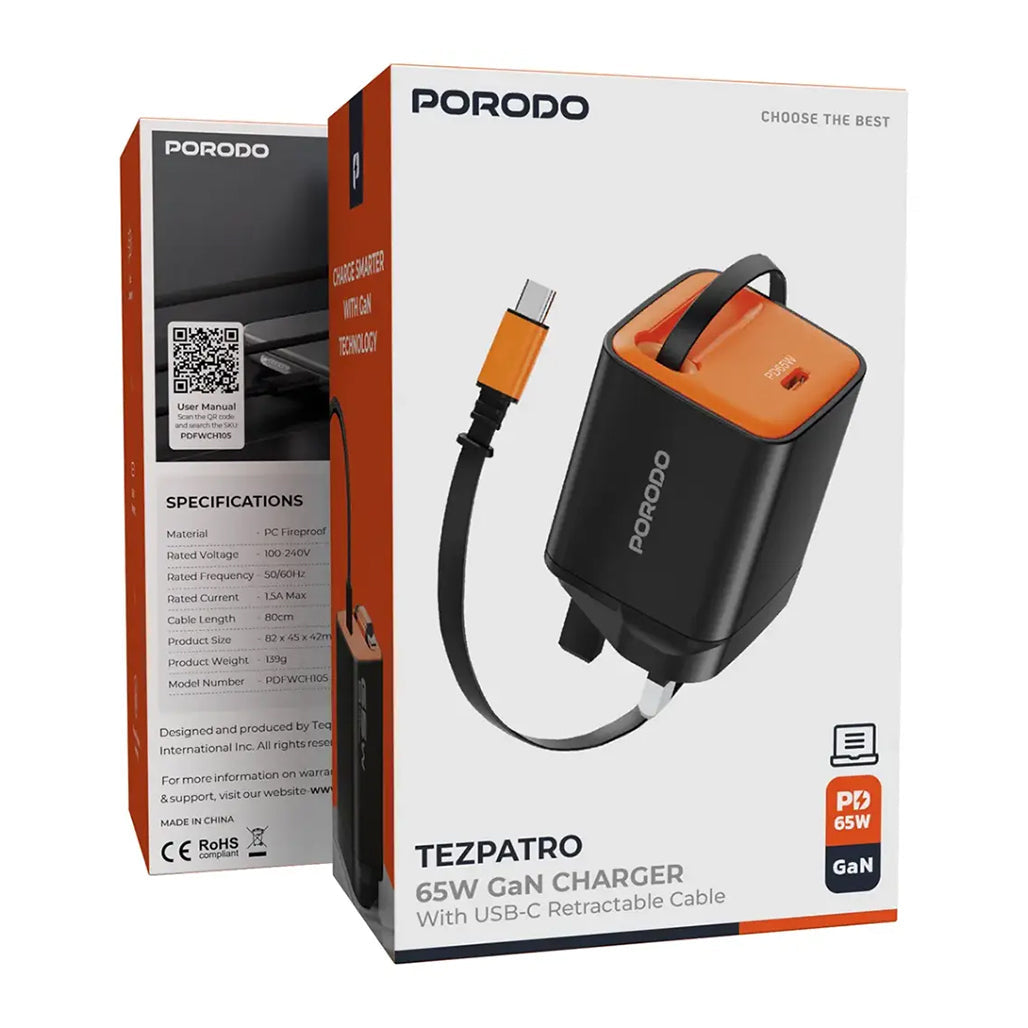 A Photo Of Porodo Tezpatro 65W GaN Charger with USB-C Retractable Cable