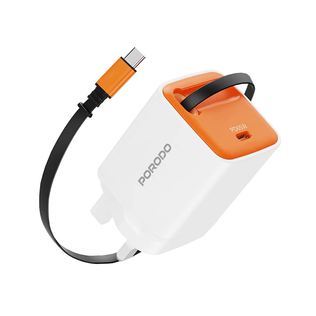 A Photo Of Porodo Tezpatro 65W GaN Charger with USB-C Retractable Cable