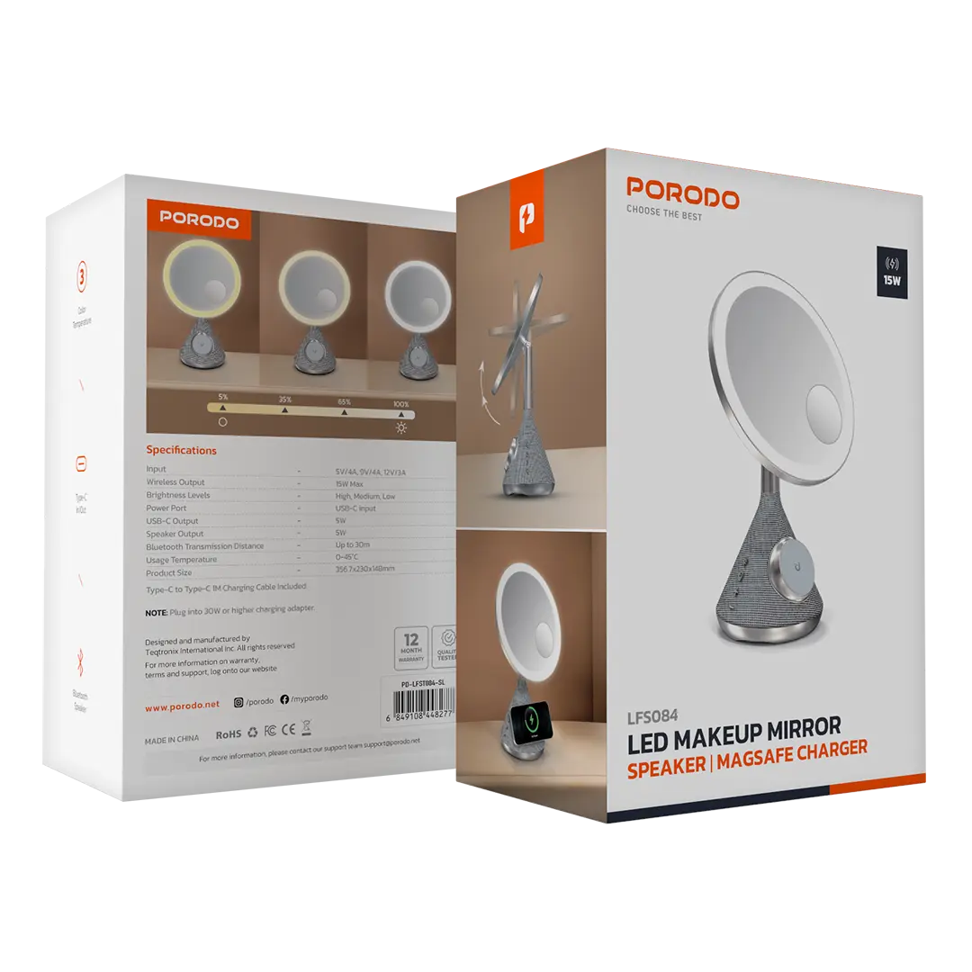 A Photo Of Porodo LED Makeup Mirror with Wireless Charging, Adjustable Lighting, and Bluetooth Speaker