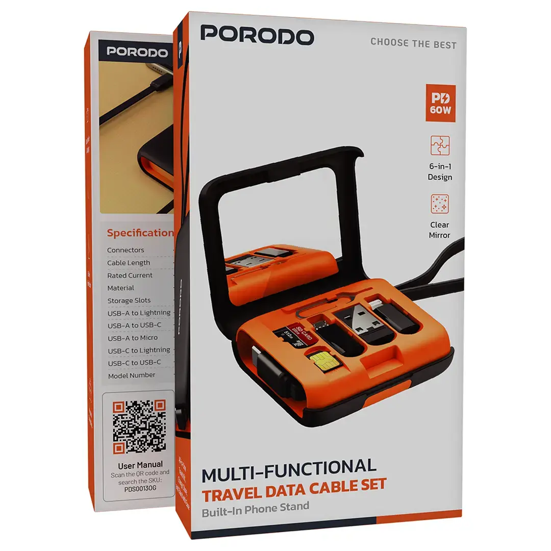 A Photo Of Porodo Multi-Functional Travel Data Cable Set – Orange - PDS0013OG
