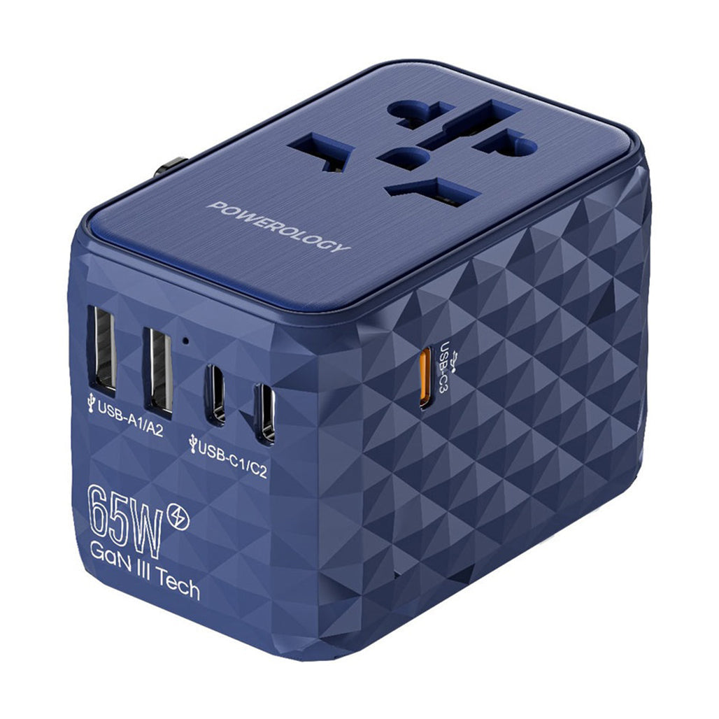 A Photo Of Powerology Universal Multi-Port Travel Adapter PD 65W – Compact, Fast Charging Solution with GaN Technology