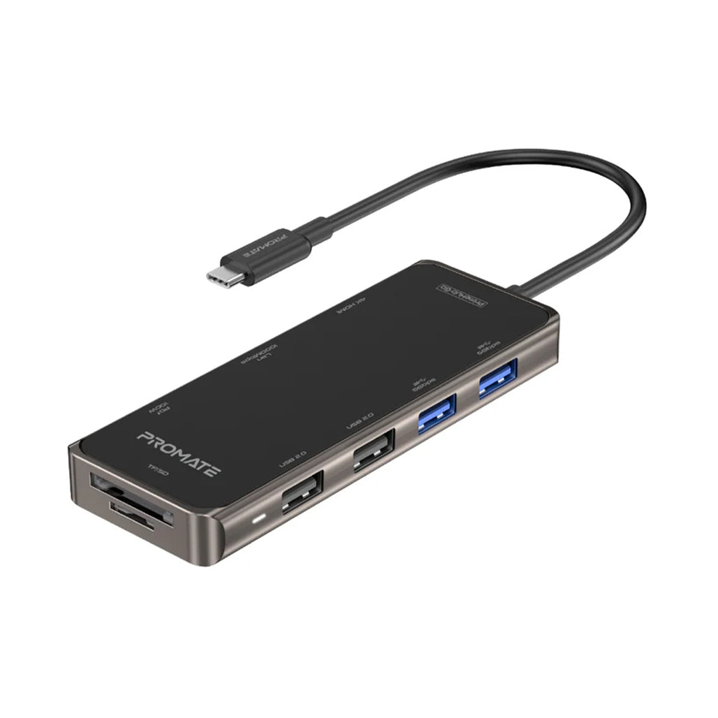 A Photo Of Promate PrimeHub-Go | 9-in-1 Multiport USB-C Hub with 100W Power Delivery, 4K HDMI, Ethernet, and More