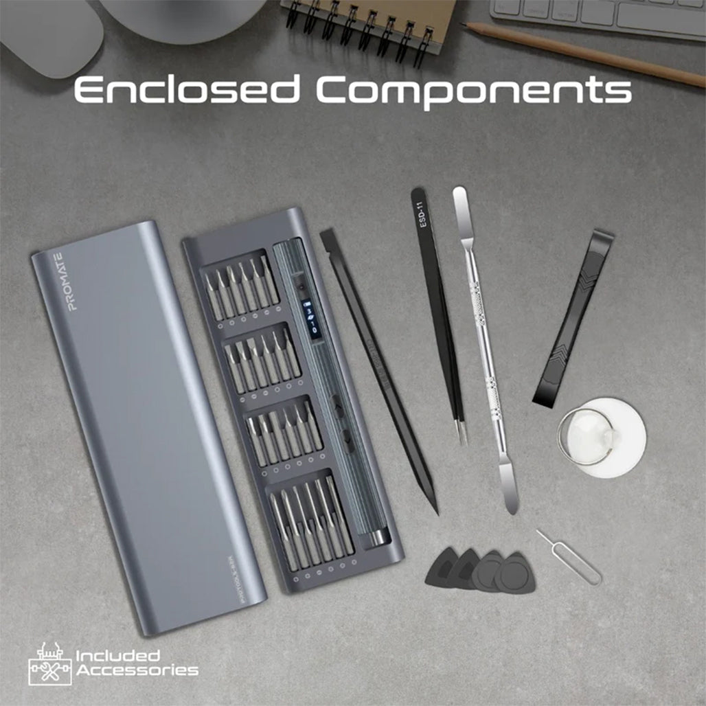 A Photo Of Promate ProTools-62A - 62-Piece Cordless Electric Screwdriver Kit with LED Light and High-Quality S2 Steel Bits