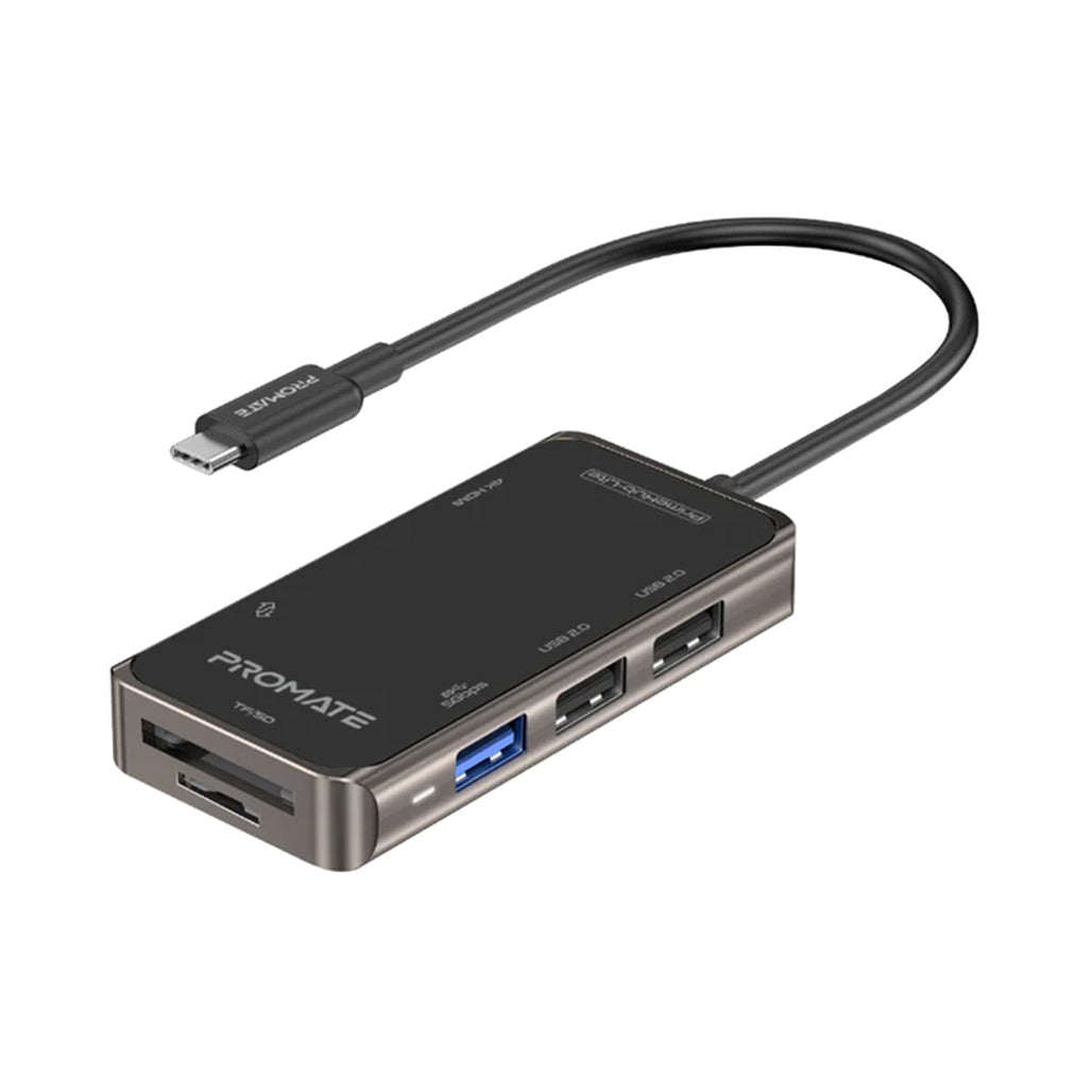 A Photo Of Promate Ultra-Fast Compact Multi-Port USB-C Hub | 4K HDMI, 3 USB 3.0 Ports, USB-C, Dual Card Reader | High-Speed Data Transfer