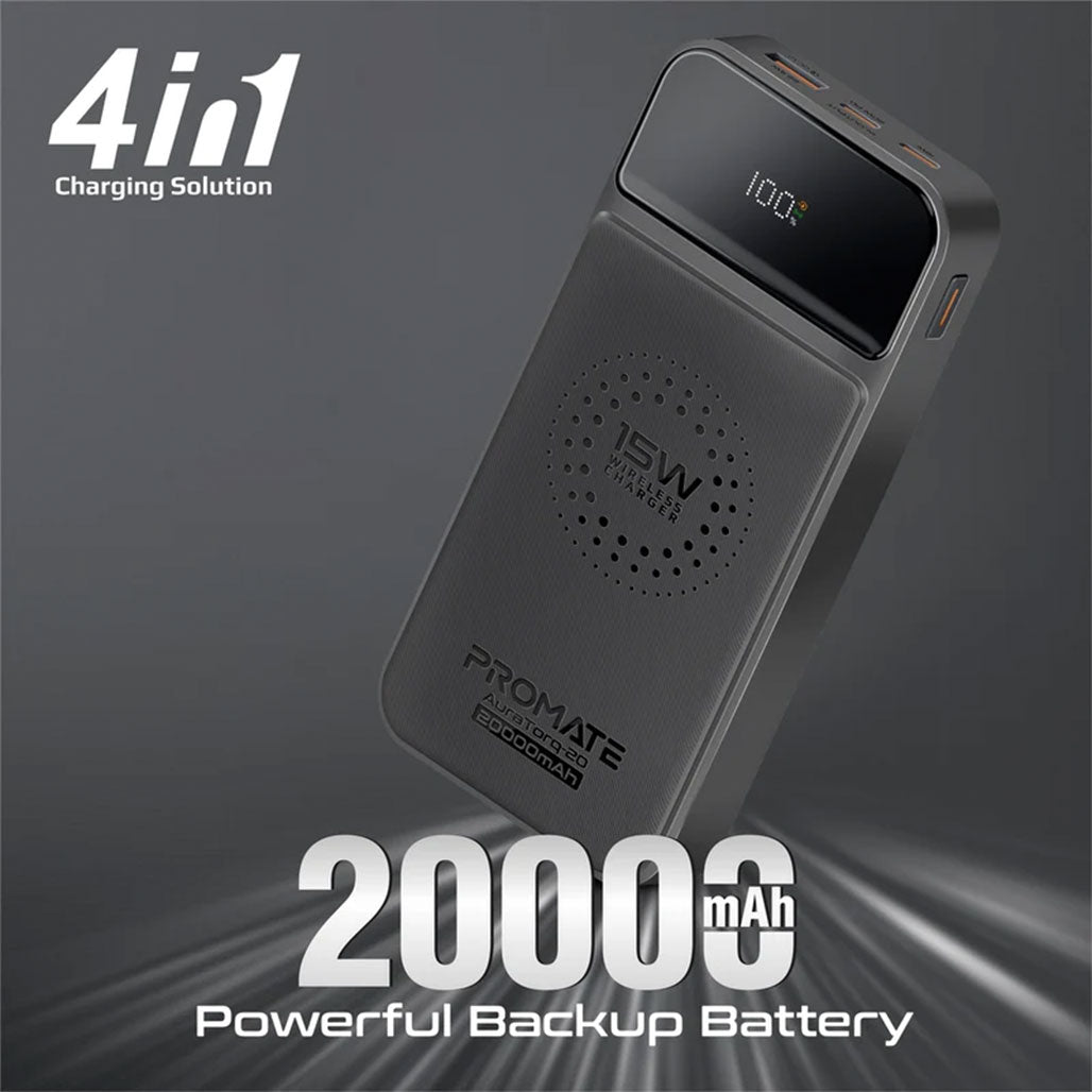 A Photo Of Promate AuraTorq-20 Ultra Slim 15W Wireless Charging Power Bank | 20W PD & QC3.0 Fast Charger