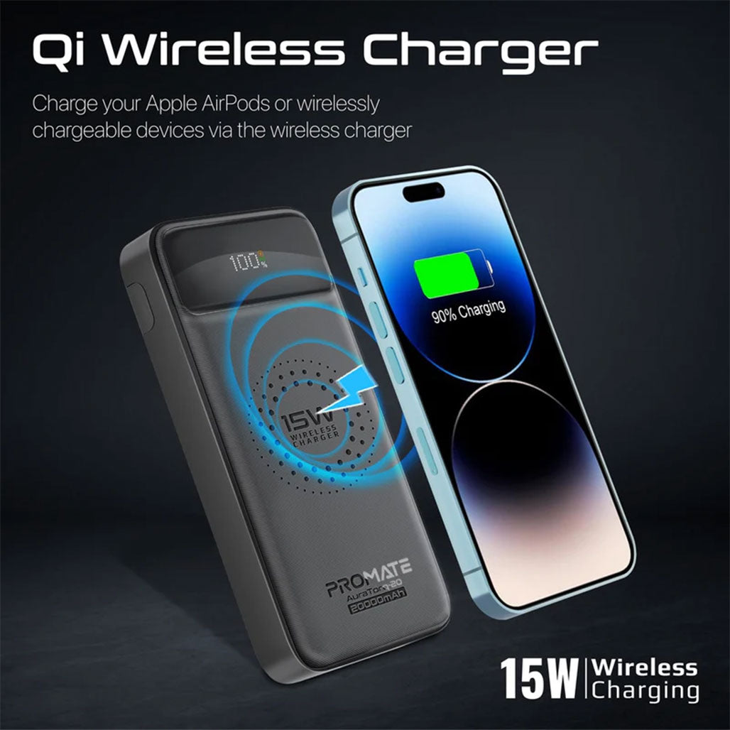 A Photo Of Promate AuraTorq-20 Ultra Slim 15W Wireless Charging Power Bank | 20W PD & QC3.0 Fast Charger