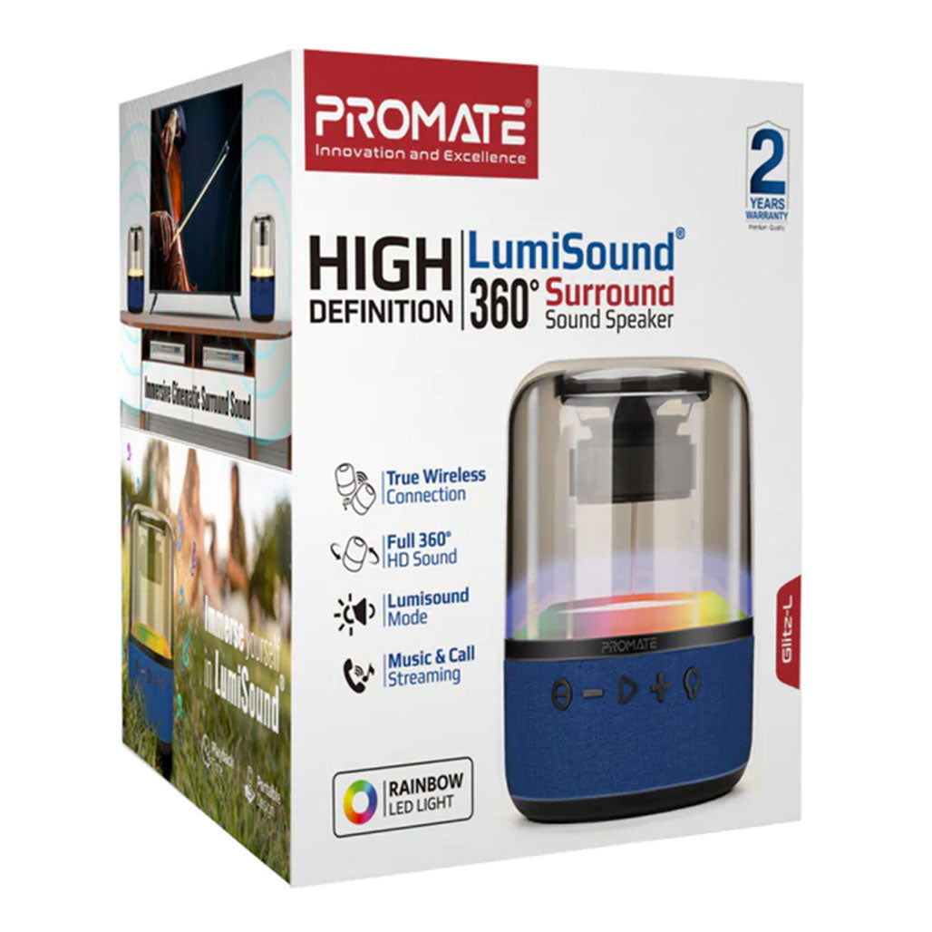 A Photo Of Promate Glitz-L HD LumiSound 360° Surround Sound Speaker - Blue | Wireless Bluetooth Speaker with LED Light Show
