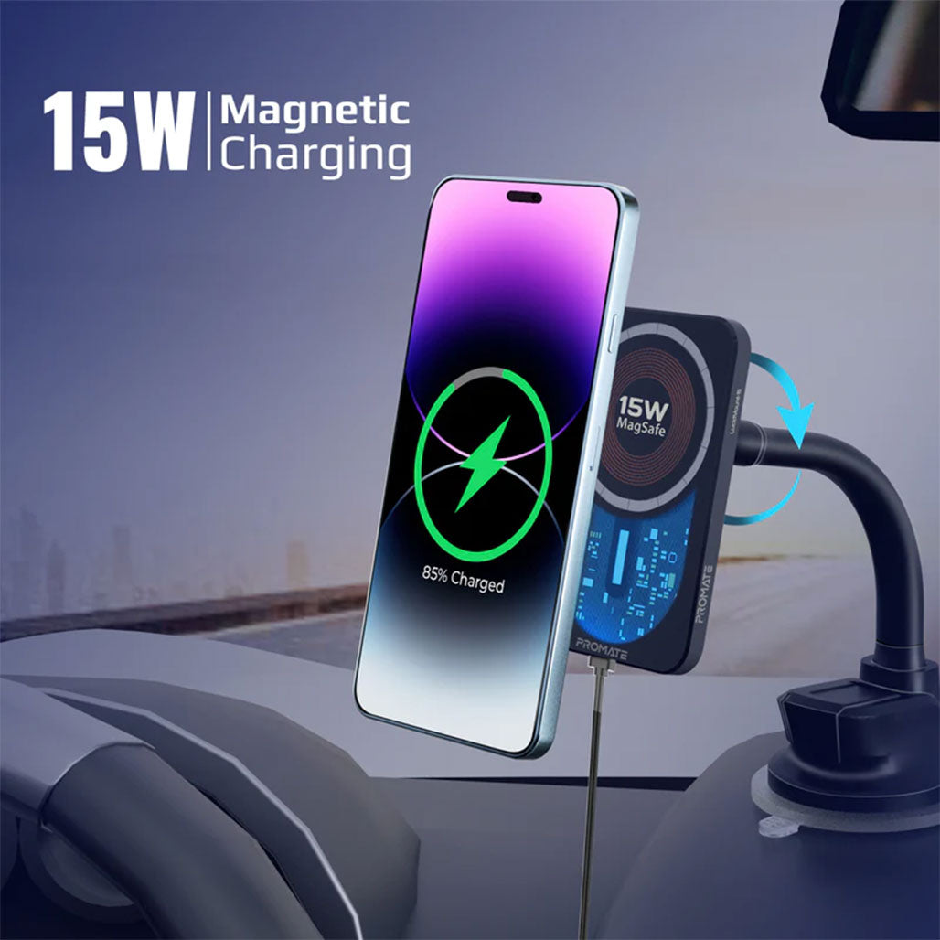 A Photo Of Promate LucidMount-15 15W MagSafe Transparent Car Wireless Charger | High-Speed Charging with Cradleless Design
