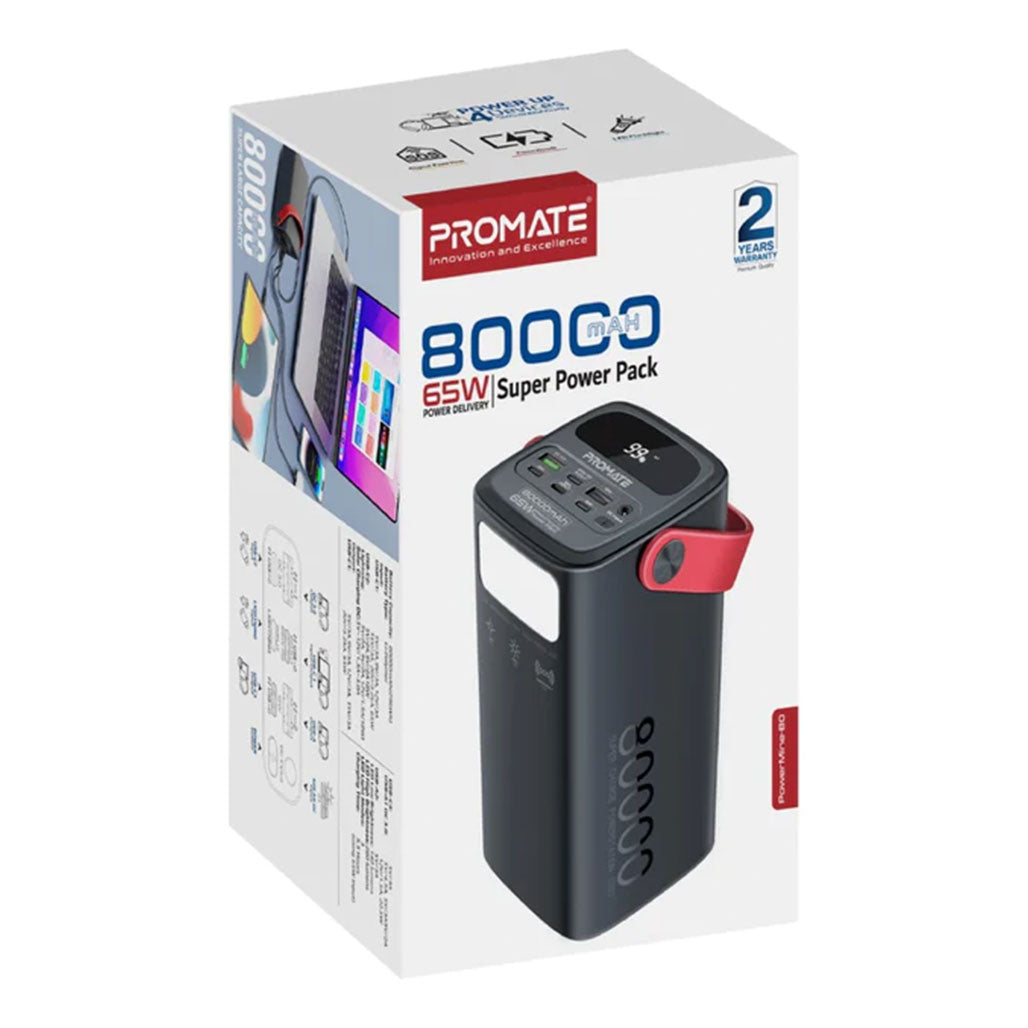 A Photo Of Promate PowerMine-80 - 80000mAh High-Capacity 65W Fast-Charging Power Pack with LED Light