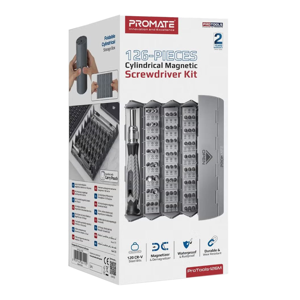A Photo Of Promate ProTools-126M - 126-Piece Cylindrical Magnetic Screwdriver Kit with Foldable Storage