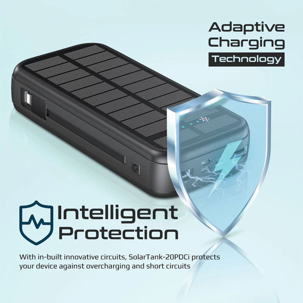 A Photo Of Promate SolarTank-20PDCi 20000mAh EcoLight™ Solar Power Bank with Built-in USB-C & Lightning Cables - Rugged, Quick Charging, Multi-Device Support