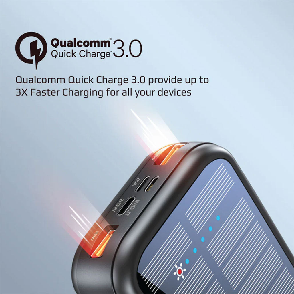 A Photo Of Promate SolarTank-20PDCi 20000mAh EcoLight™ Solar Power Bank with Built-in USB-C & Lightning Cables - Rugged, Quick Charging, Multi-Device Support