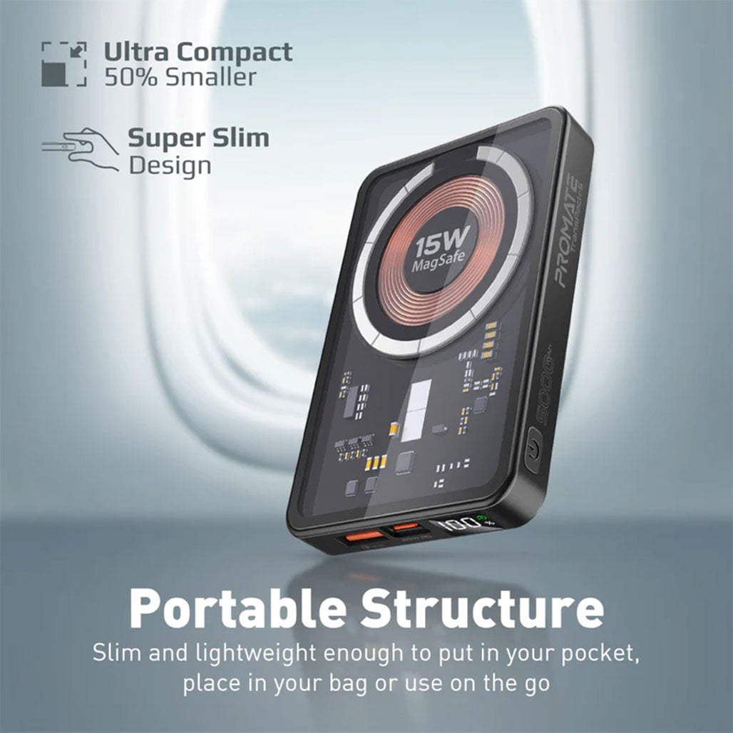 A Photo Of Promate TransPack-5 Transparent 15W MagSafe Wireless Charging Power Bank - 5000mAh with 20W Power Delivery & Quick Charge 3.0