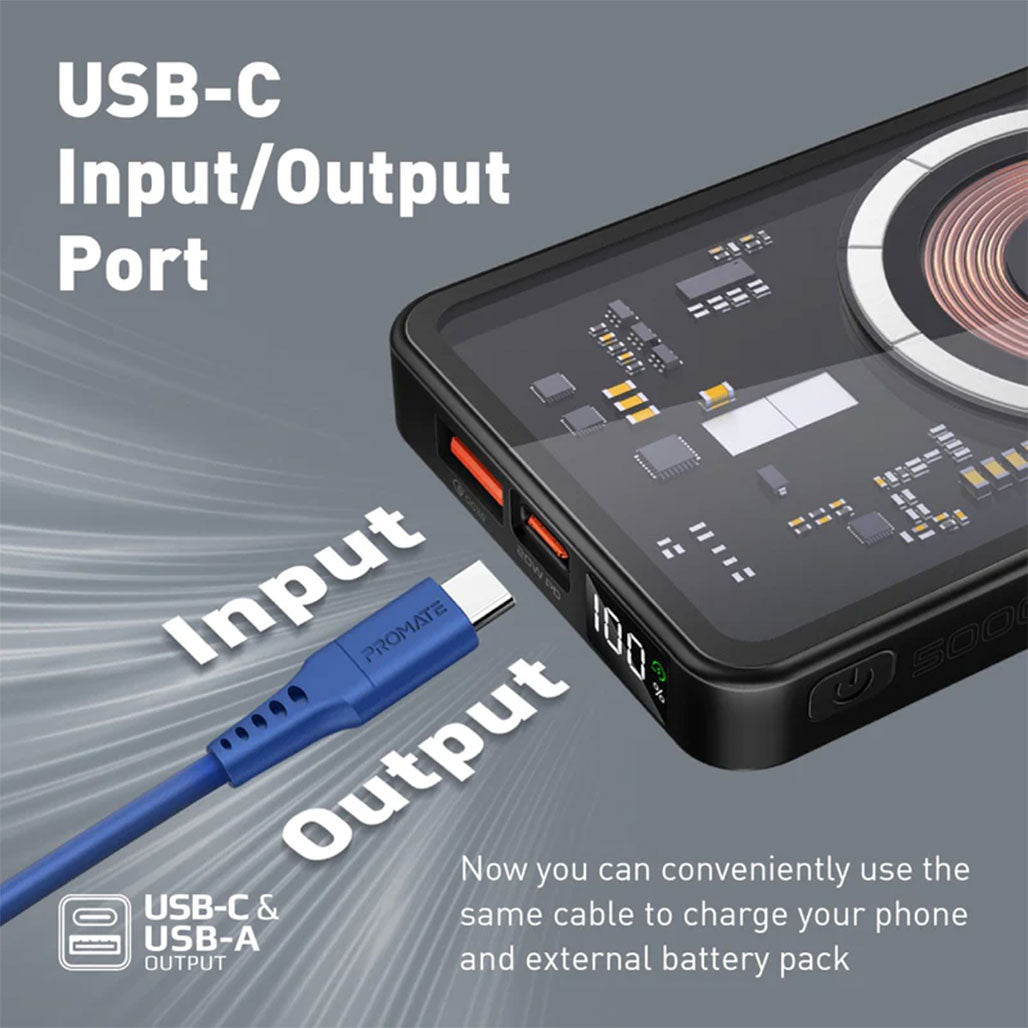 A Photo Of Promate TransPack-5 Transparent 15W MagSafe Wireless Charging Power Bank - 5000mAh with 20W Power Delivery & Quick Charge 3.0