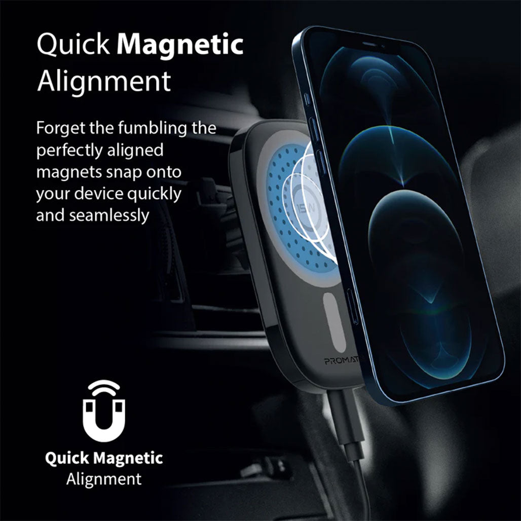 A Photo Of Promate VentMag-15W Magnetic Wireless Charging Car Mount | 15W Fast Charging, MagSafe Compatible, No-Arm Design